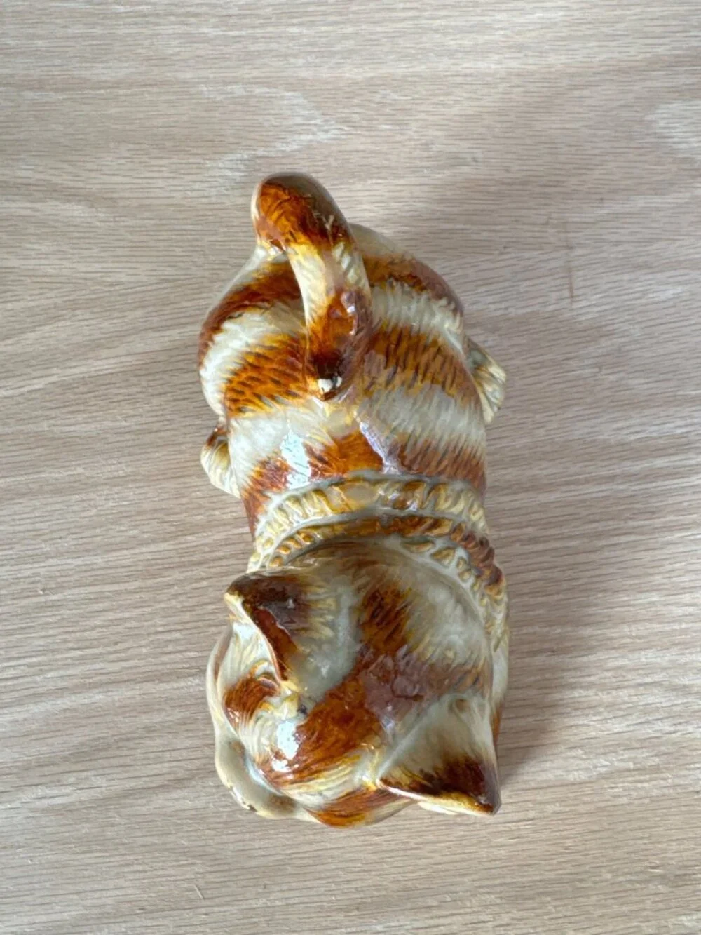 Vintage Ceramic Cat Figurine Brown & Orange Striped Glazed Collectible